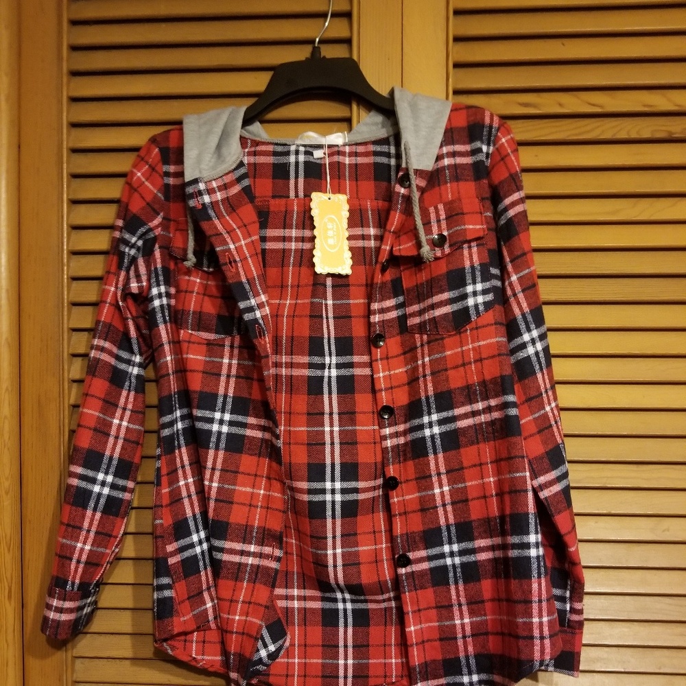 LAST ONE! Youth Sized Button Up Hooded Flannel Top - Picture 3 of 5